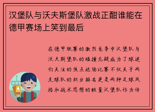 汉堡队与沃夫斯堡队激战正酣谁能在德甲赛场上笑到最后